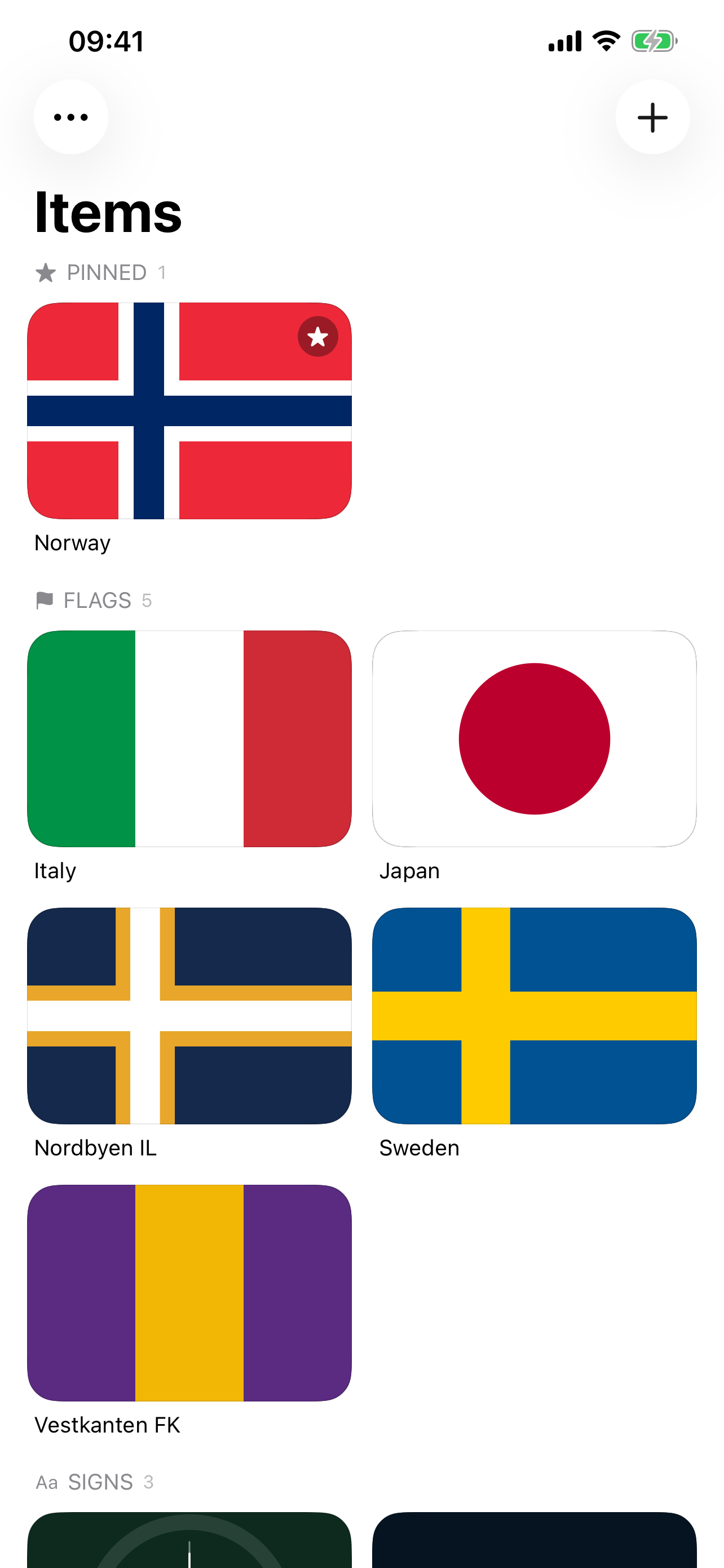 The library, showing a pinned Norwegian flag above saved flags and signs