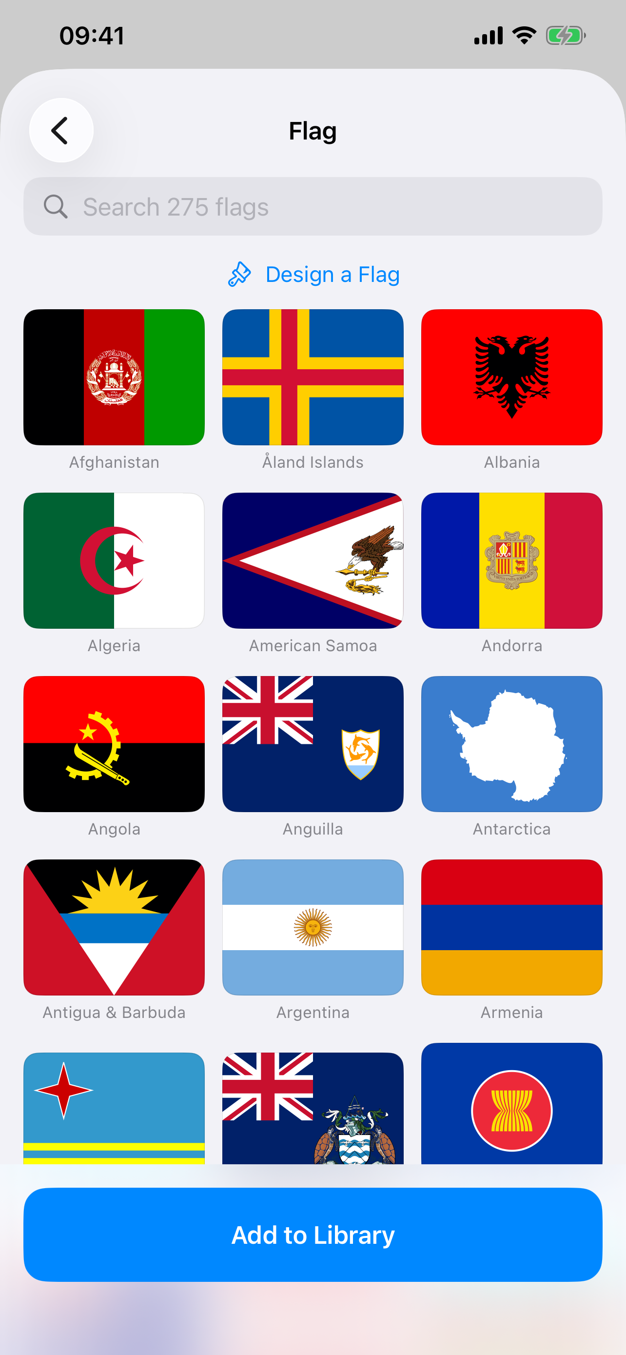 The flag picker — a searchable grid of national flags with a Design a Flag button